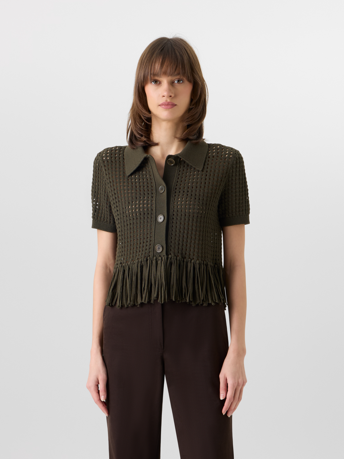 Designer Kurzärmelige Strickjacke aus grobem Baumwoll-Mesh - Grün #editorial