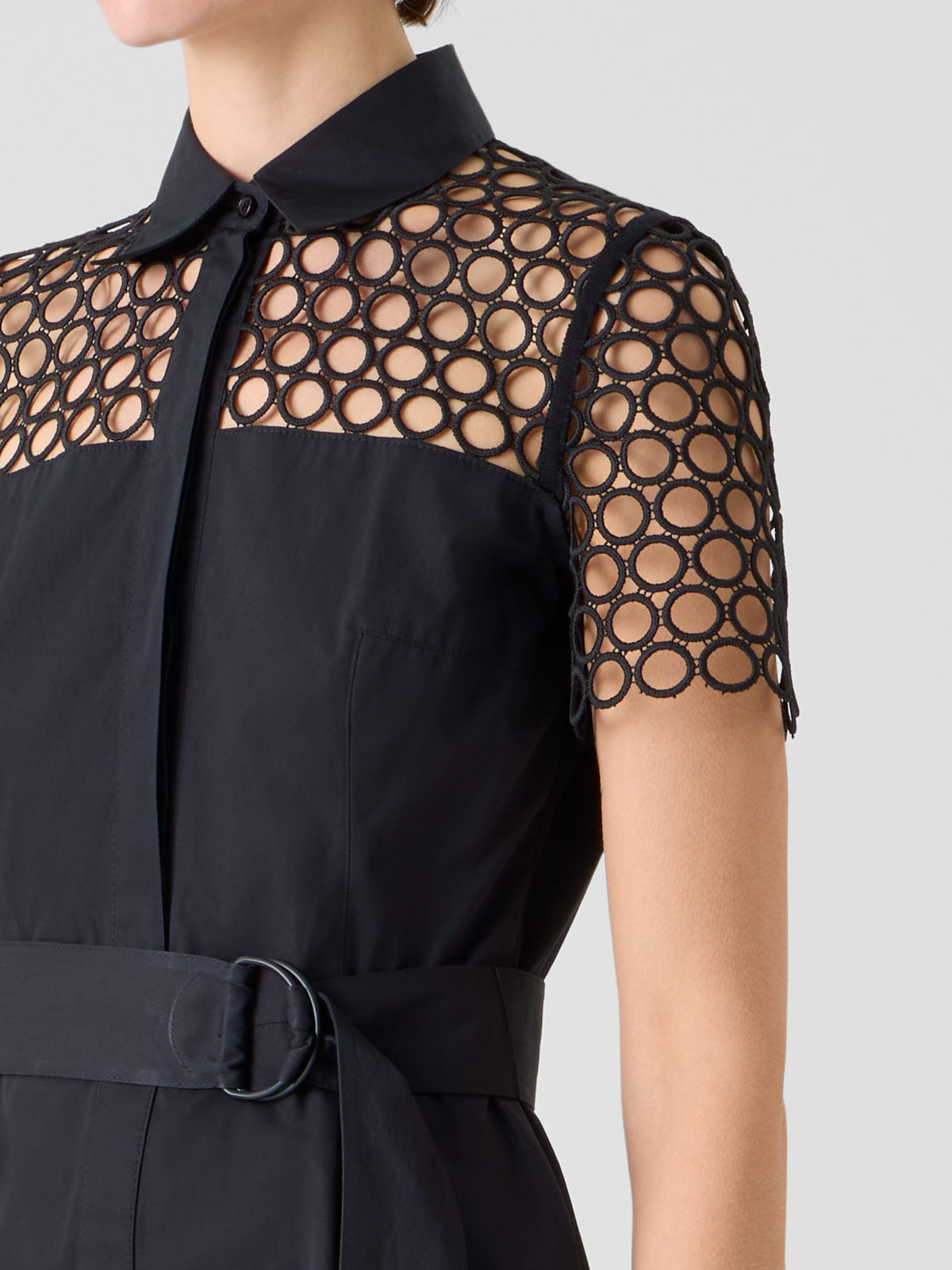 Designer Baumwoll-Midikleid mit Ösen-Guipure - Schwarz