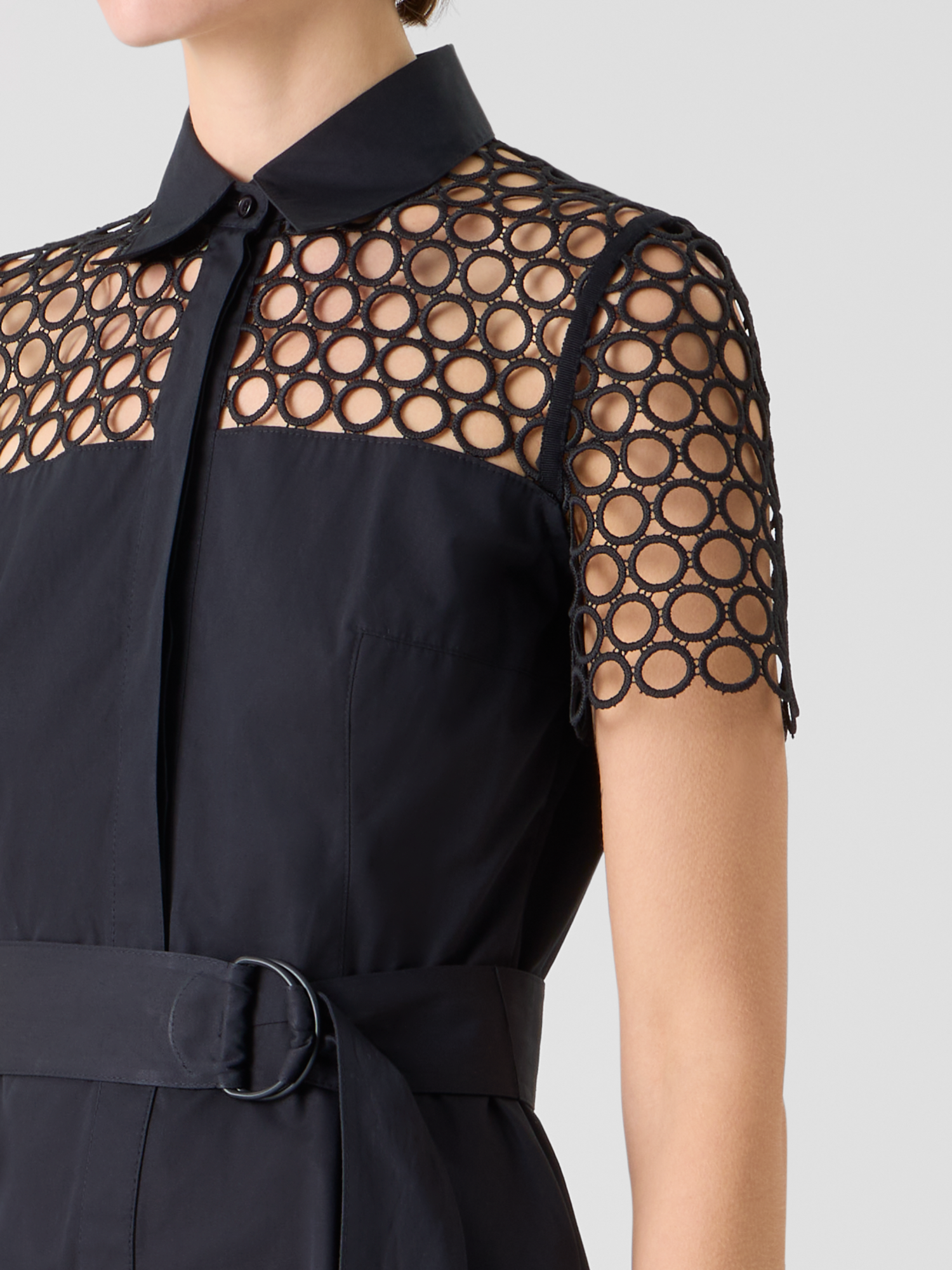 Designer Baumwoll-Midikleid mit Ösen-Guipure - Schwarz