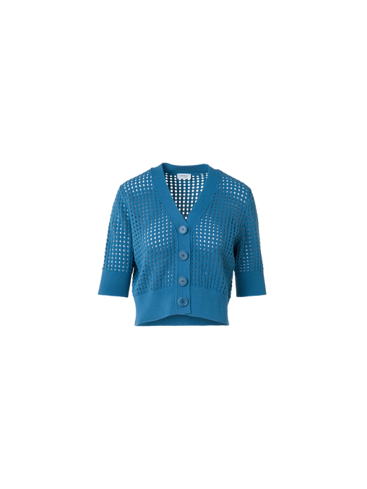 Designer Kurzer Cardigan aus grobem Baumwollmesh - Blau
