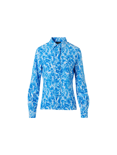 Designer Tunika-Bluse aus Seidenkrepp mit Whitecaps-Print - Dunkelblau - Ecru