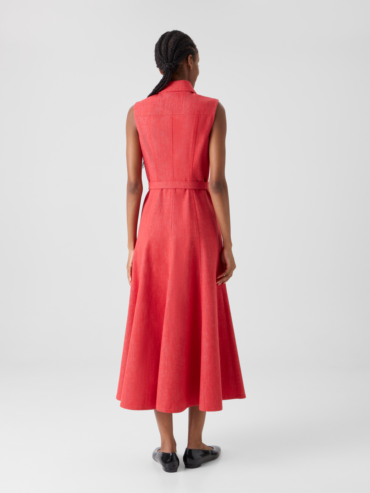 Designer Tailliertes ausgestelltes Midikleid aus Denim - Rot #editorial