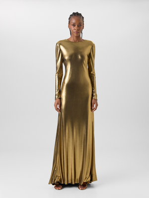 Designer Robe aus Lamé-Jersey mit offenem Rücken und Knoten - Gold #editorial
