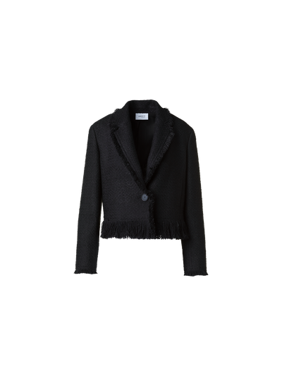 Designer Kurze Bouclé Tweed Jacke mit Fransen - Schwarz