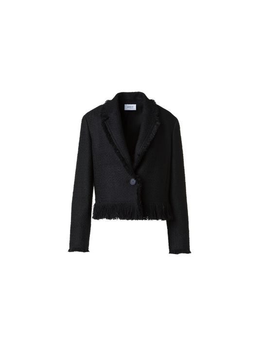 Designer Kurze Bouclé Tweed Jacke mit Fransen - Schwarz