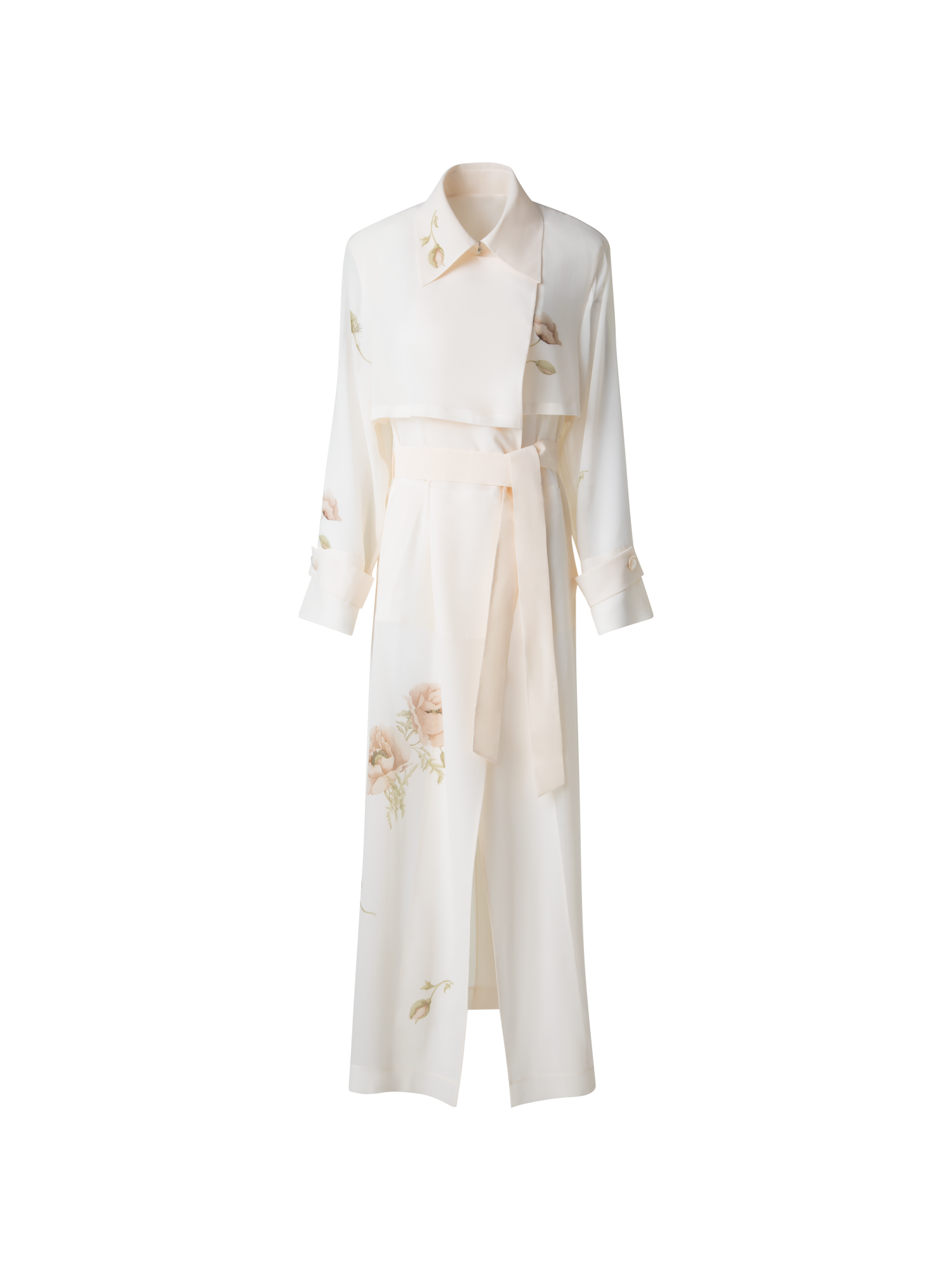 Designer Trenchcoat aus Seide mit Anemone Druck - Bunt - Ecru - Weiss