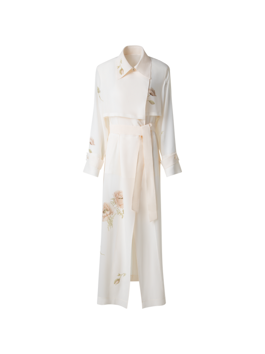 Designer Trenchcoat aus Seide mit Anemone Druck - Bunt - Ecru - Weiss