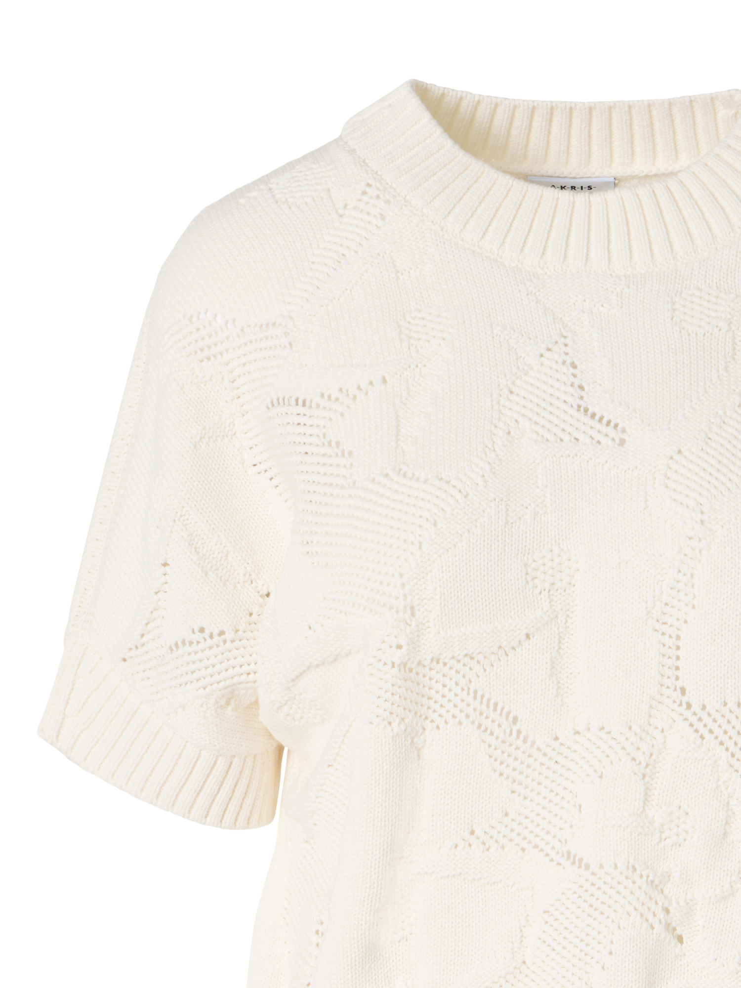 Designer Kurzärmeliger Strickpullover aus grobem Baumwollstrick mit Ajour - Ecru