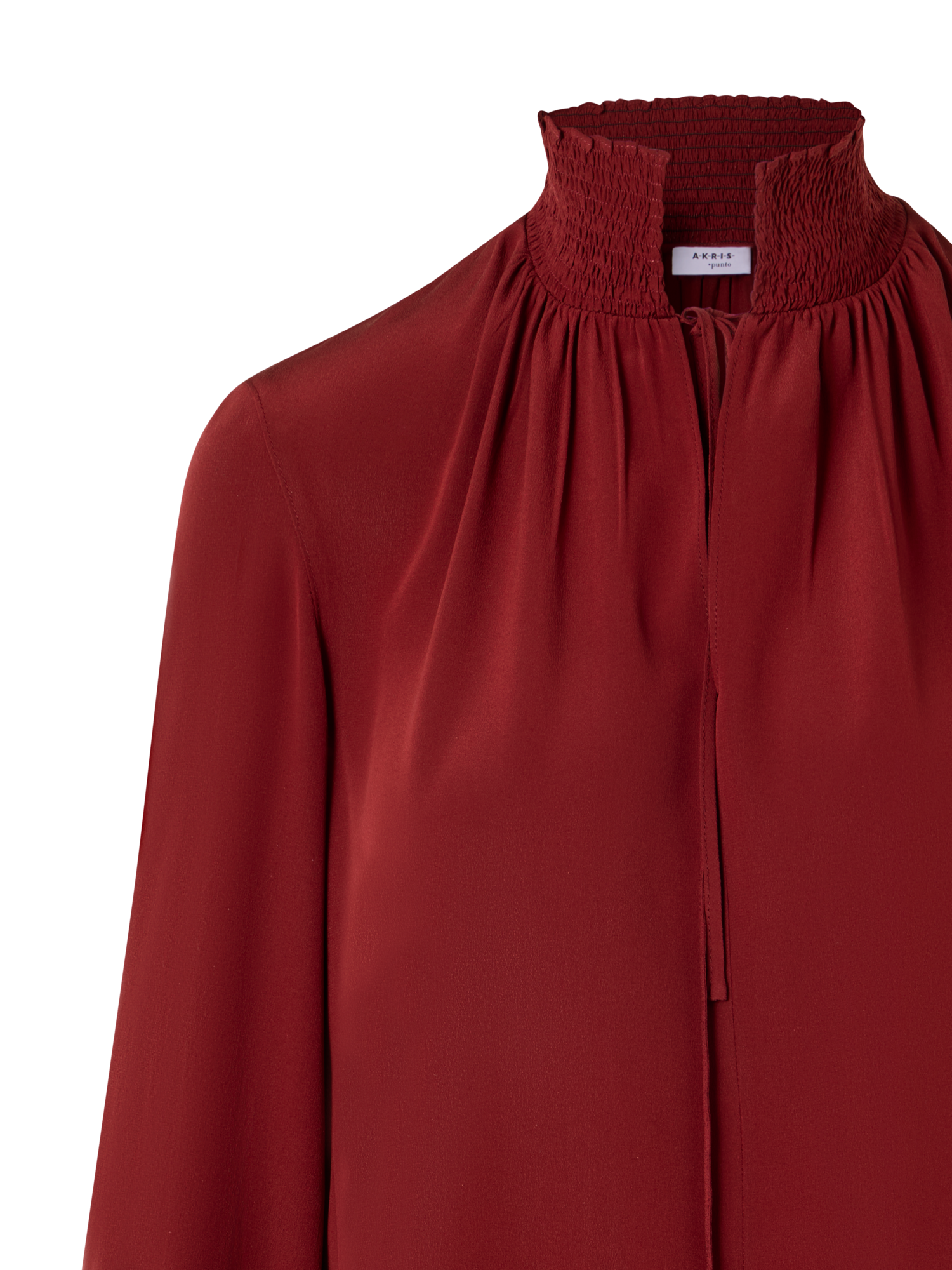 Designer Boho-Bluse aus Seiden-Crêpe mit Smok-Details - Weinrot - Rot