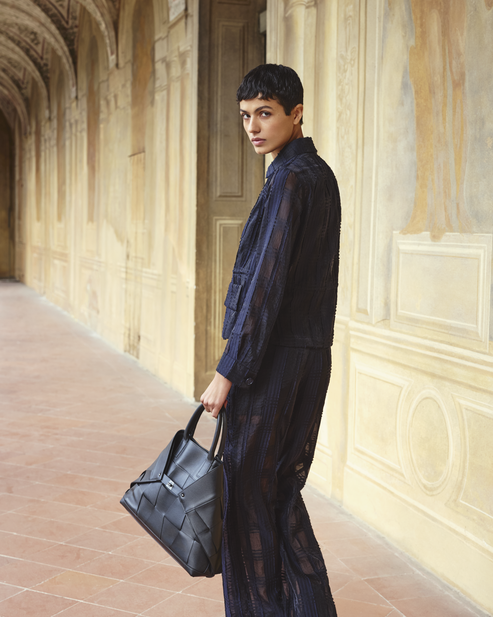 Designer Kurze Jacke aus transparentem Organdy-Karo - Dunkelblau - Blau 