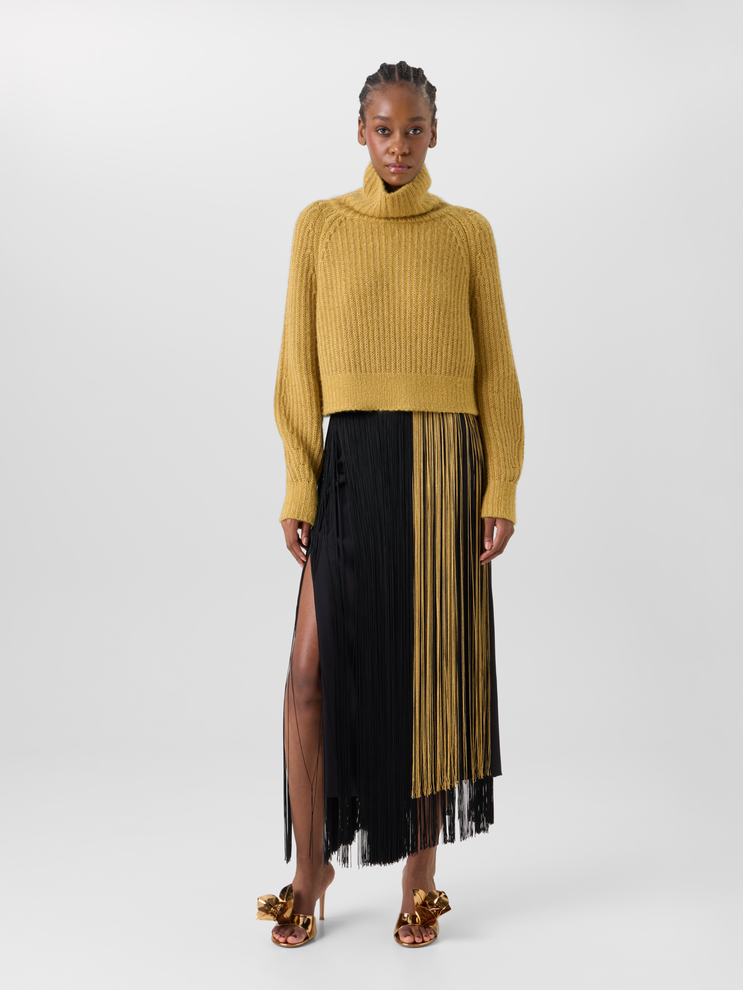 Designer Bleistiftrock aus Seide mit Oro Lienzo Fransen - Schwarz - Gold - Bunt 