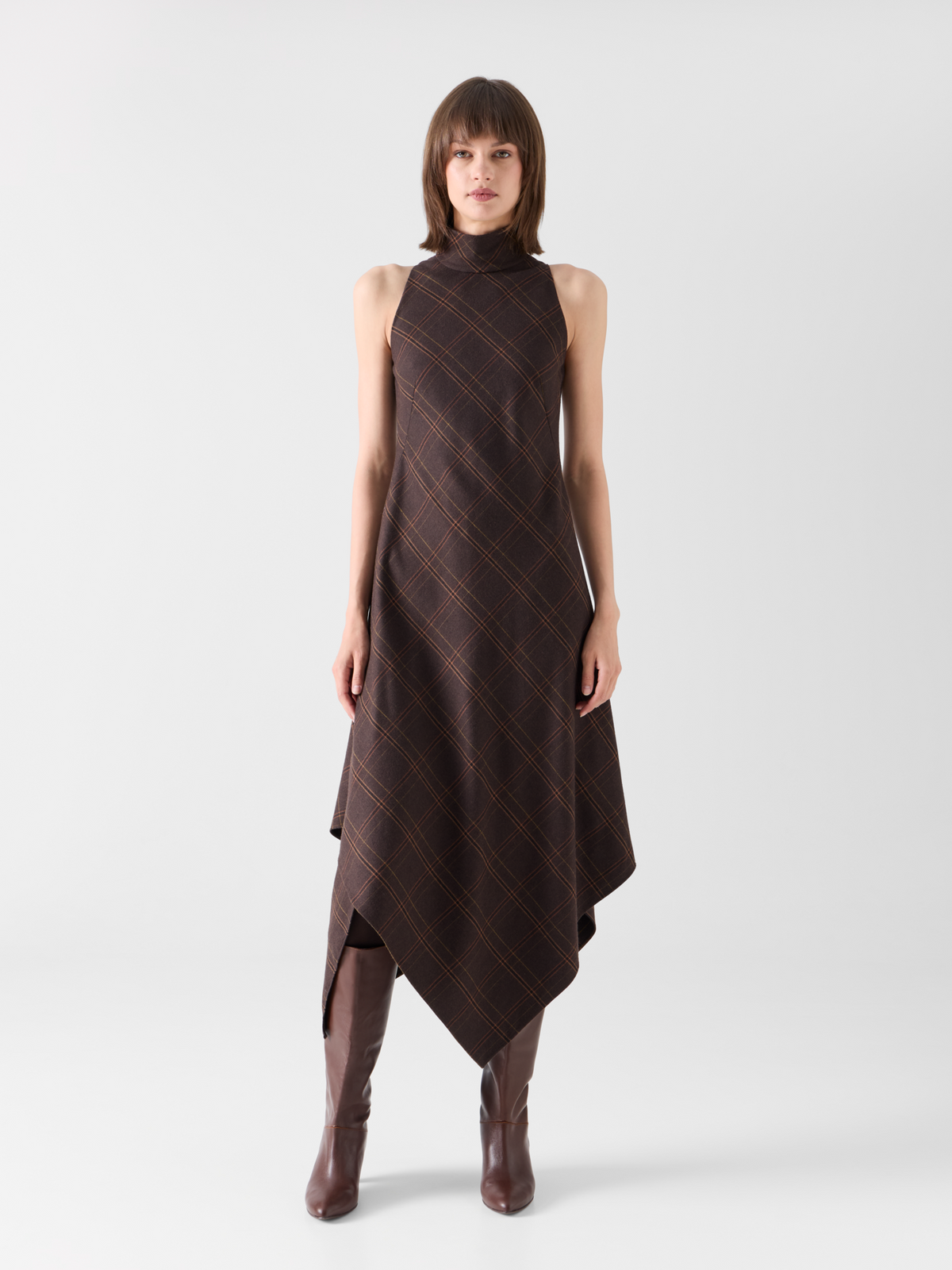 Designer Neckholder-Midikleid aus kariertem Flanell - Braun 