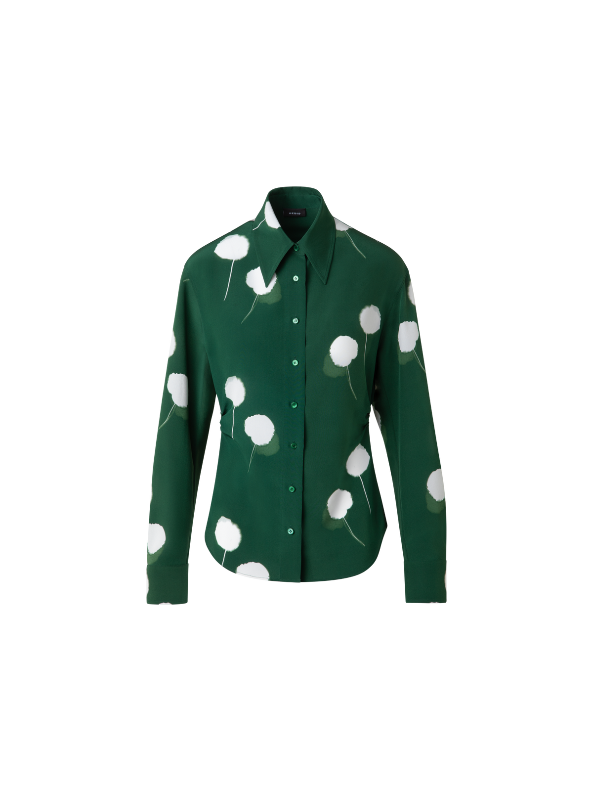 Designer Taillierte Seidenbluse mit Dandelion Druck - Grün - Bunt