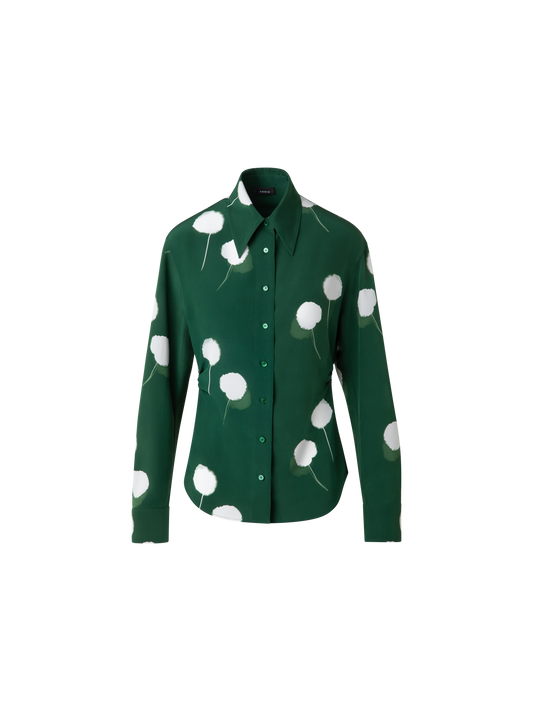 Designer Taillierte Seidenbluse mit Dandelion Druck - Grün - Bunt