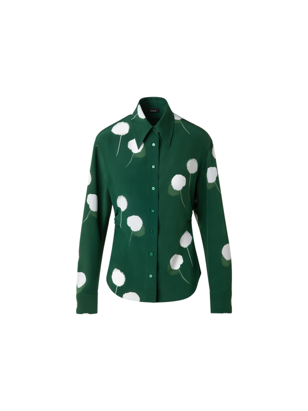 Designer Taillierte Seidenbluse mit Dandelion Druck - Grün - Bunt