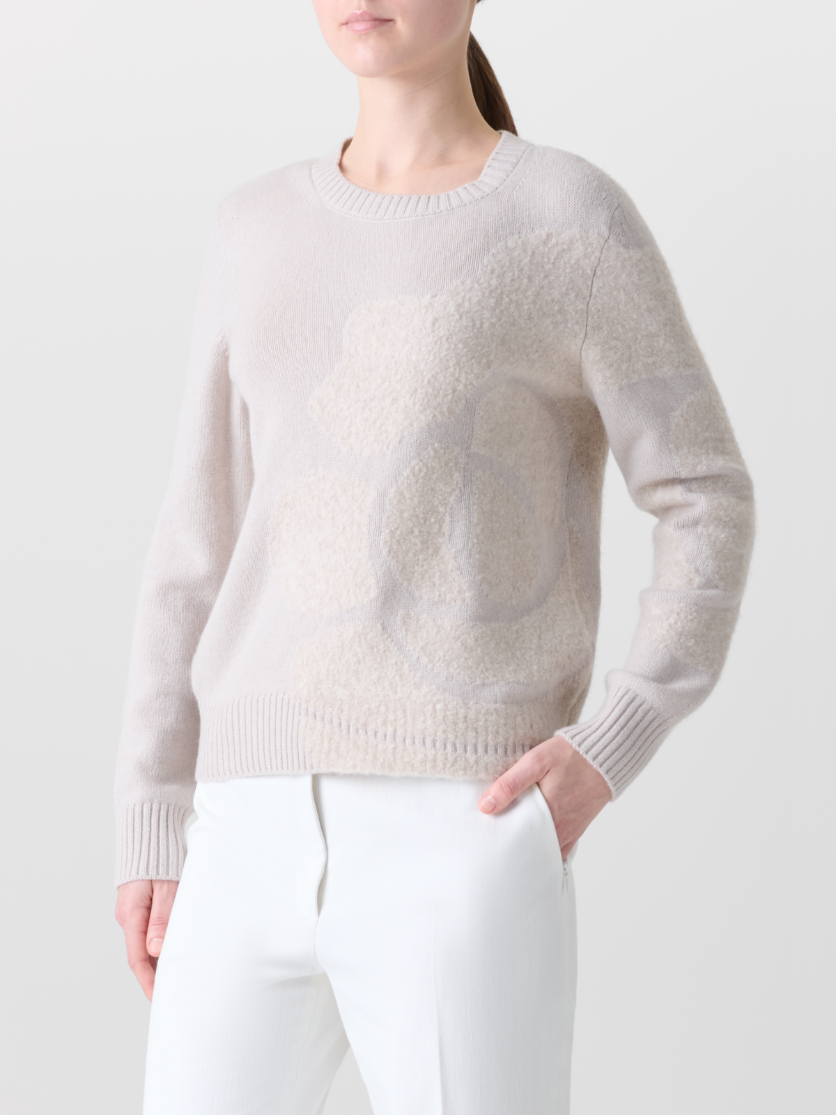 Designer Kaschmirpullover mit 3D Anemone Intarsie - Grau - Beige