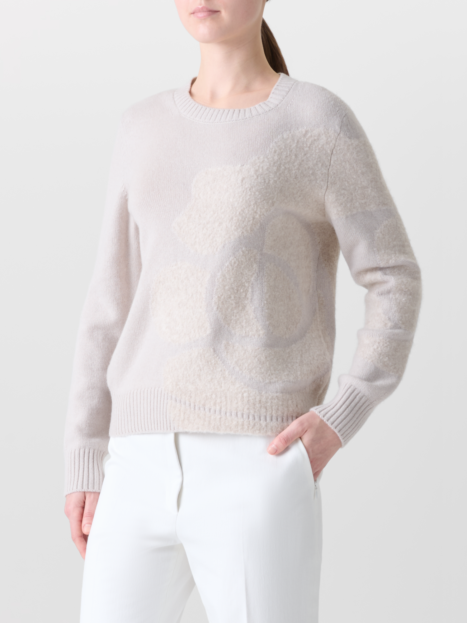 Designer Kaschmirpullover mit 3D Anemone Intarsie - Grau - Beige