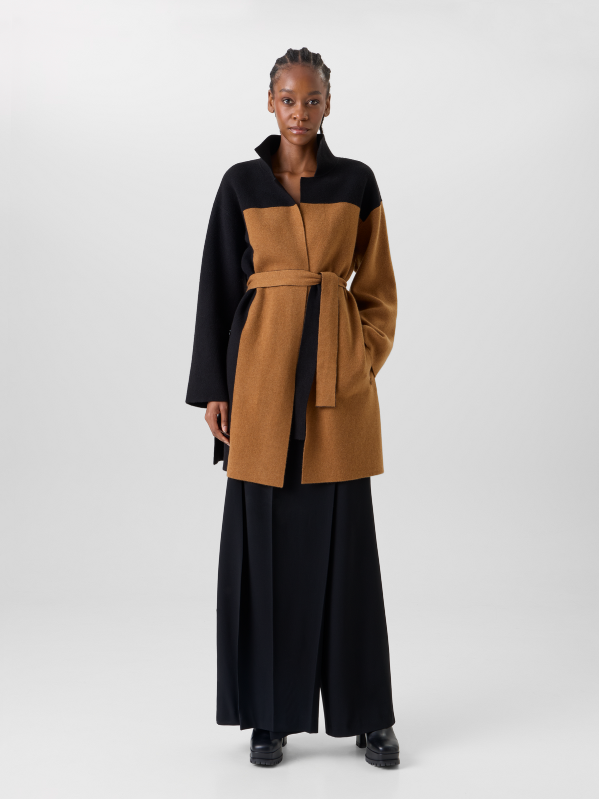 Designer Strickmantel aus Kaschmir-Double-Face im Colour-Block - Braun - Bunt - Schwarz 