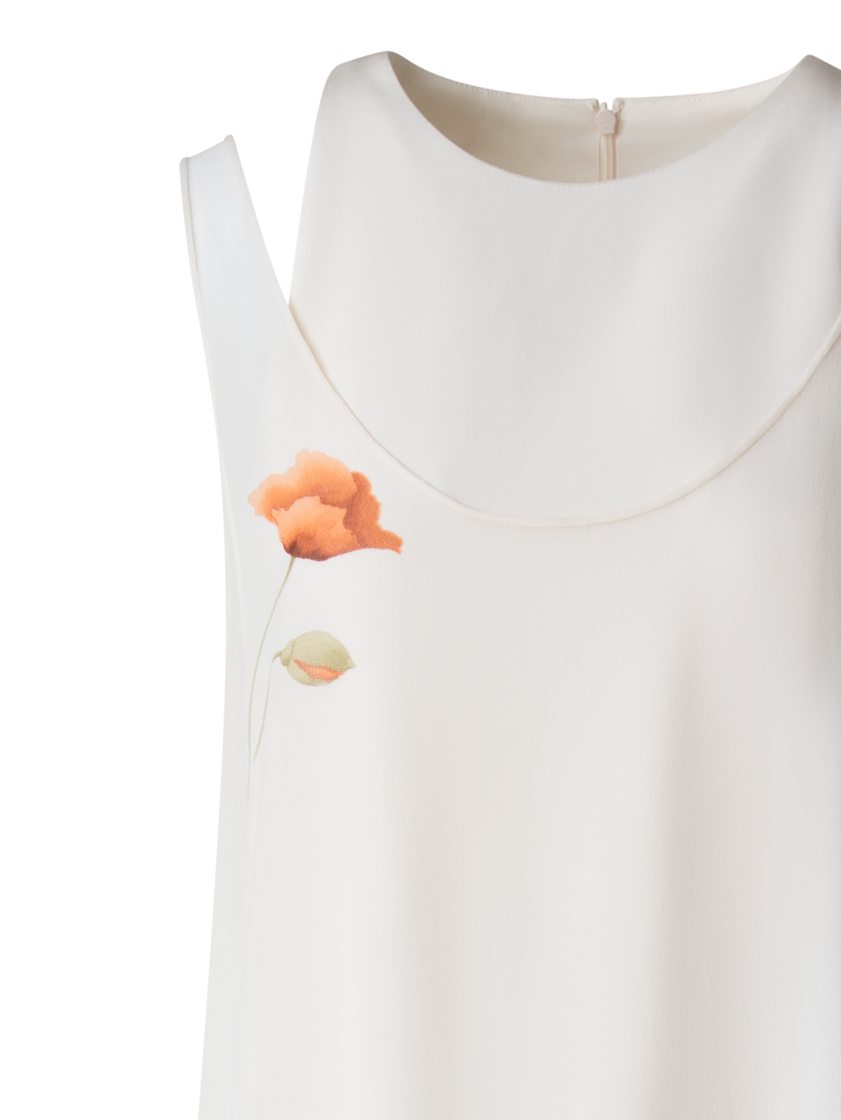 Designer Double-Layer-Seidenkleid mit Anemone Druck - Bunt - Ecru - Weiss