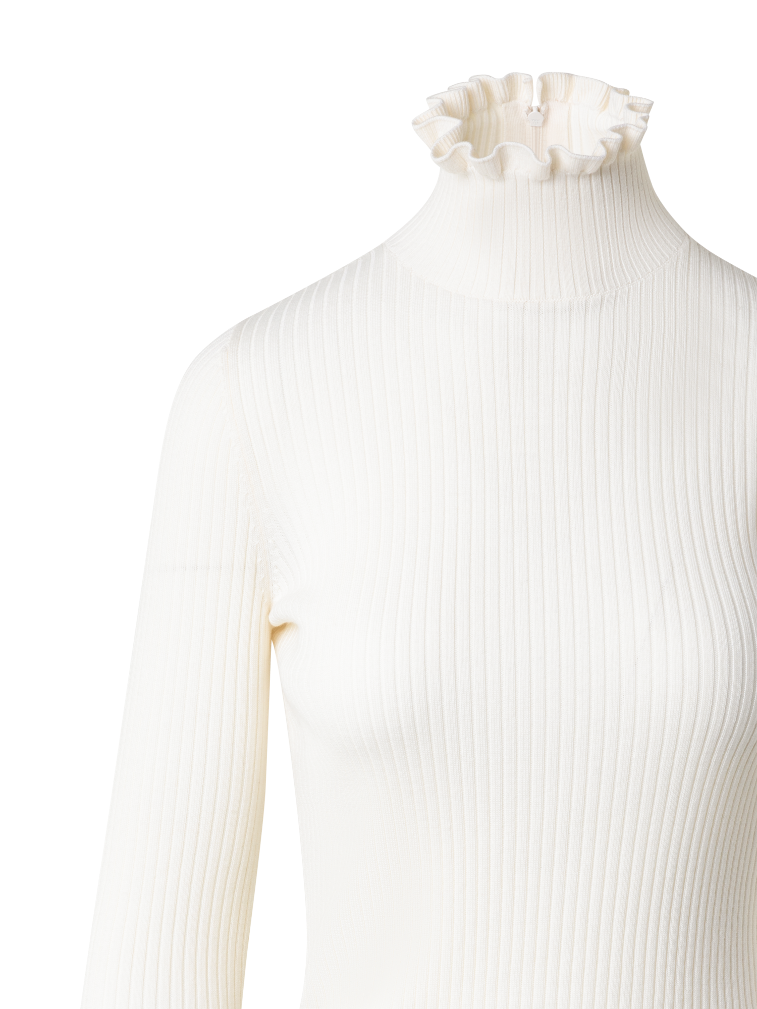 Designer Merino Strickpullover mit Rüschen-Rollkragen - Ecru - Weiss