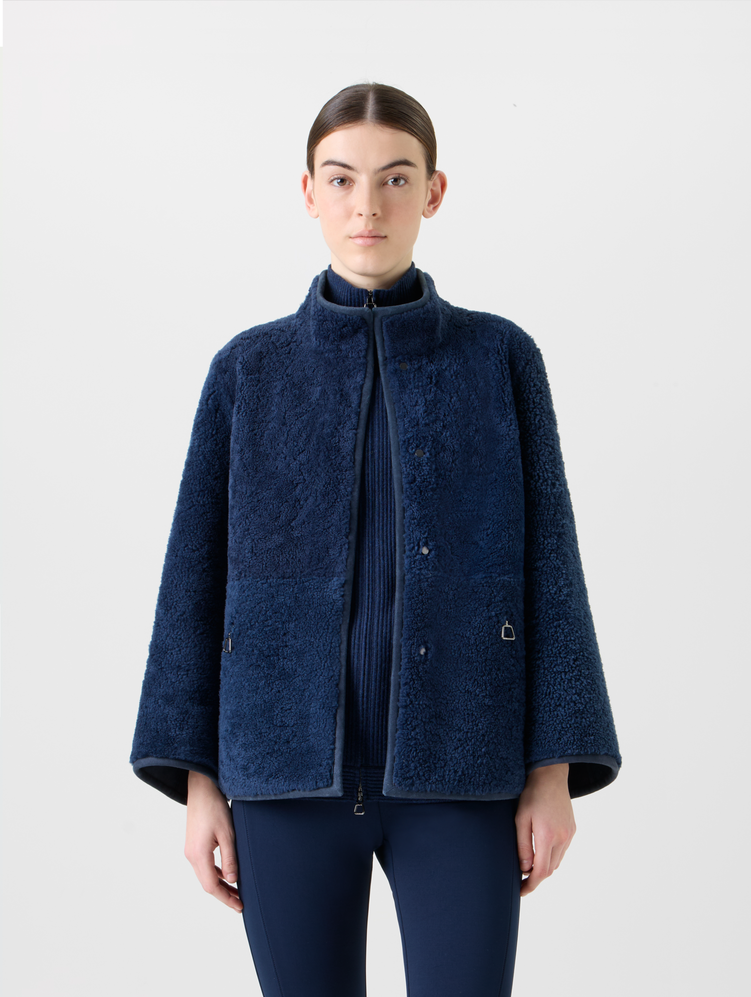 Designer Wende Lammfell Stehkragen Jacke - Dunkelblau - Blau 