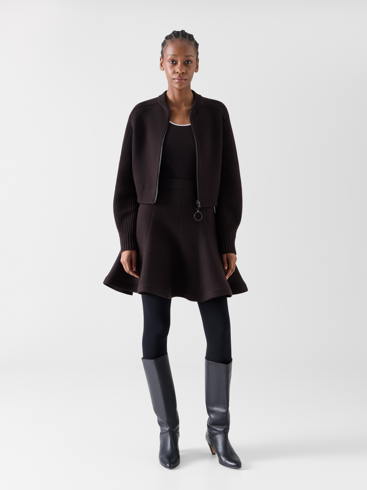 Designer Bomber-Cardigan aus Merinowolle - Braun 