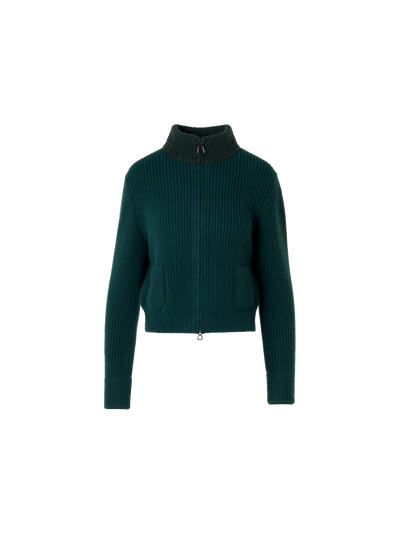 Designer Kurzer Cardigan aus Wolle-Kaschmir mit Bouclé-Kragen - Grün