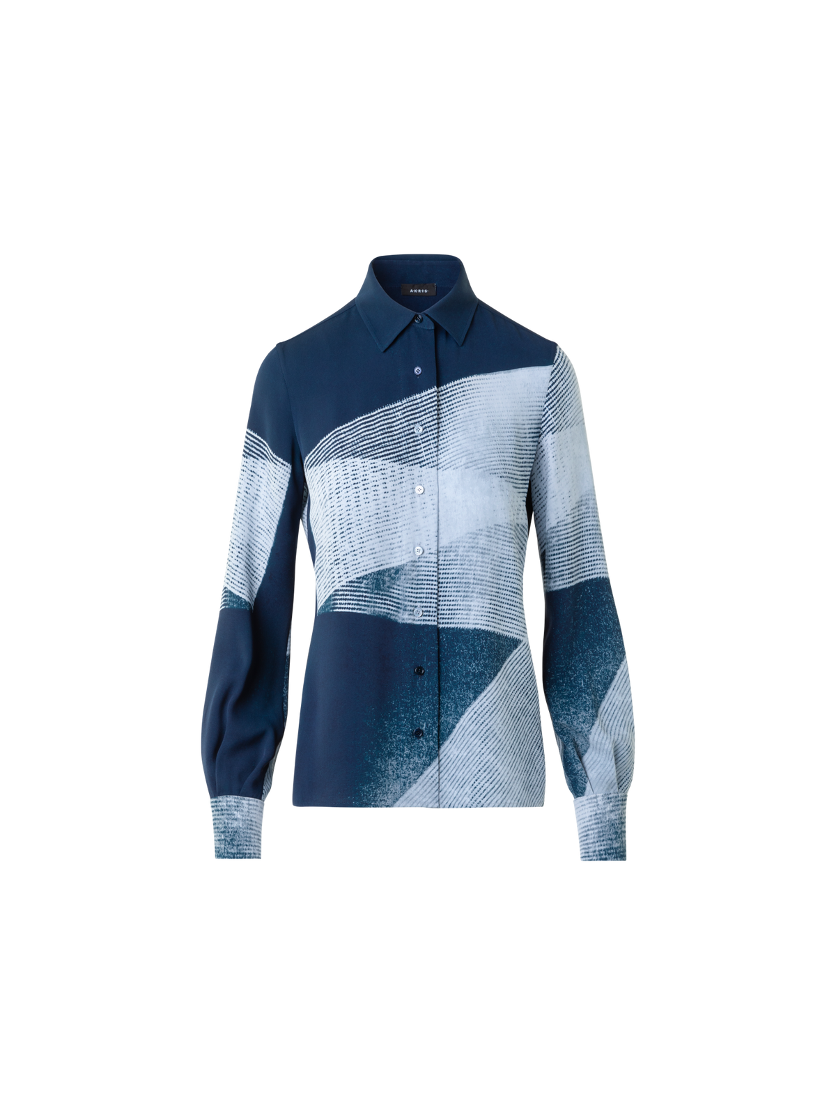 Designer Seiden-Crêpe-Hemdbluse im Zigzag Print - Dunkelblau - Blau - Bunt