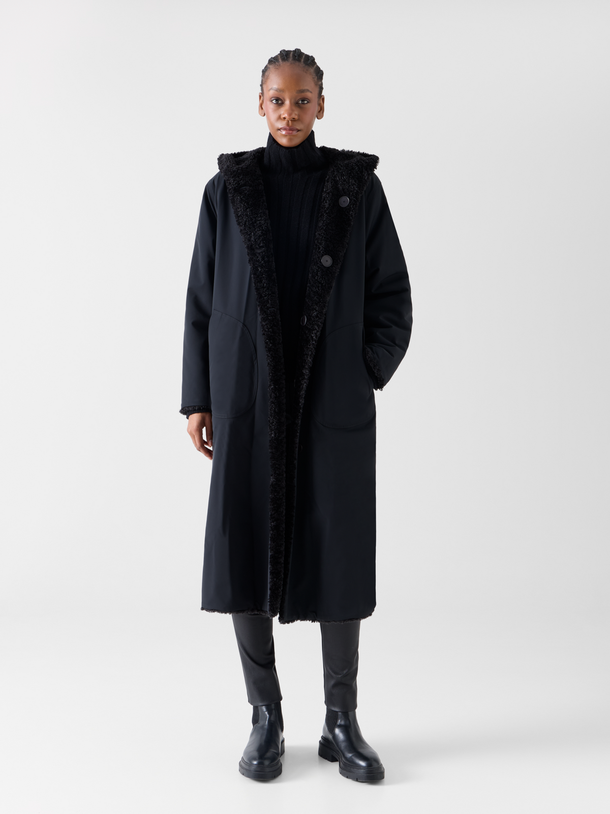 Designer Wendbarer Oversize-Webpelzmantel mit Kapuze - Schwarz 