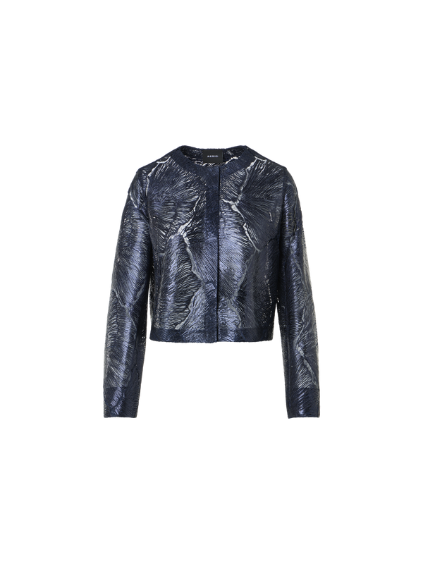 Designer Kurze Jacke aus lackierter Merresfächer-Spitze - Dunkelblau