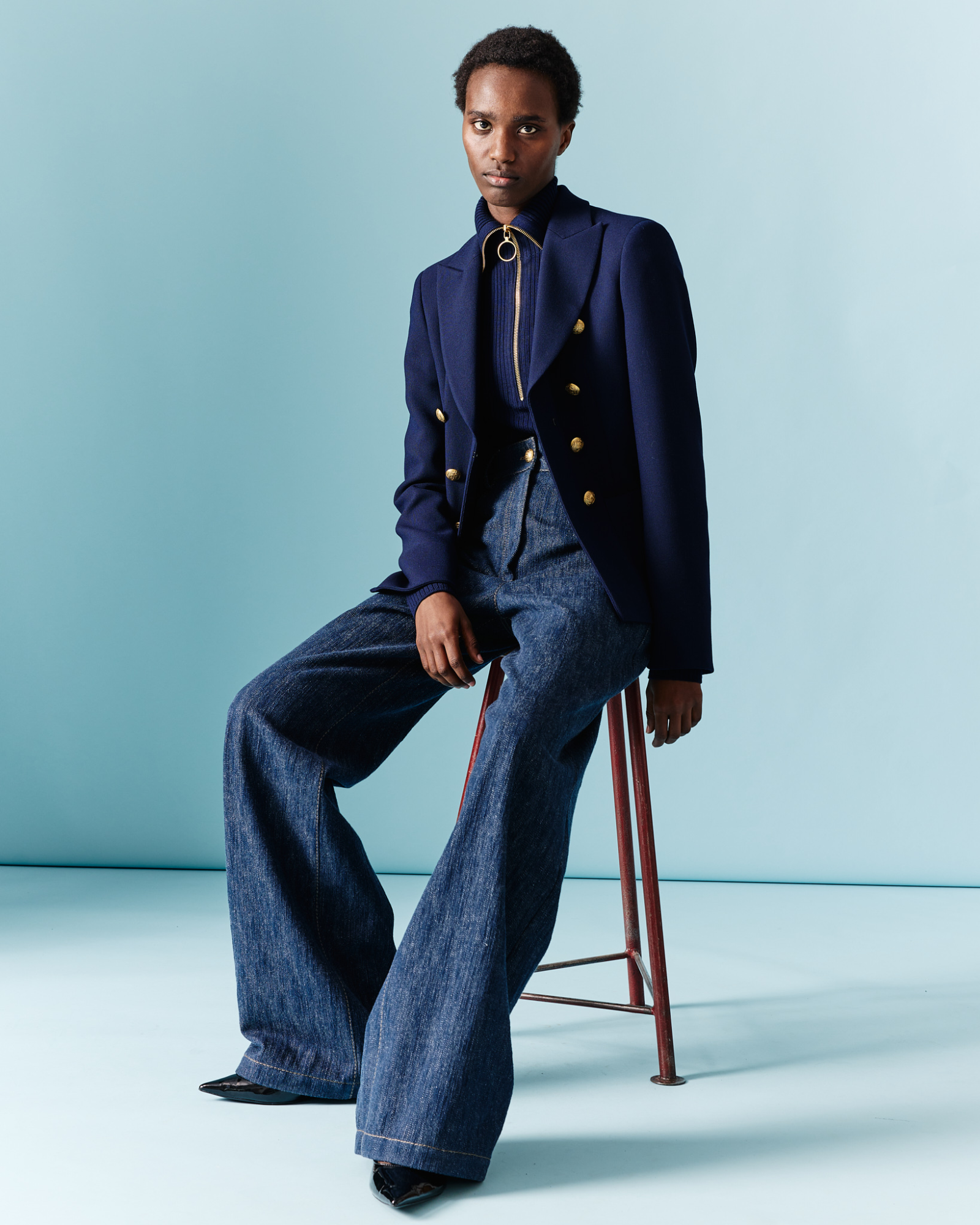 Designer Weite Hose aus Baumwoll-Woll-Denim-Stretch - Dunkelblau - Blau 