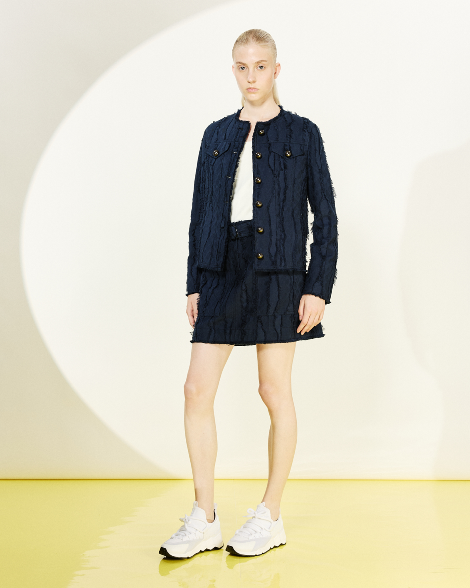 Designer Baumwolljacke aus Fransen-Wave-Jacquard - Dunkelblau - Blau 