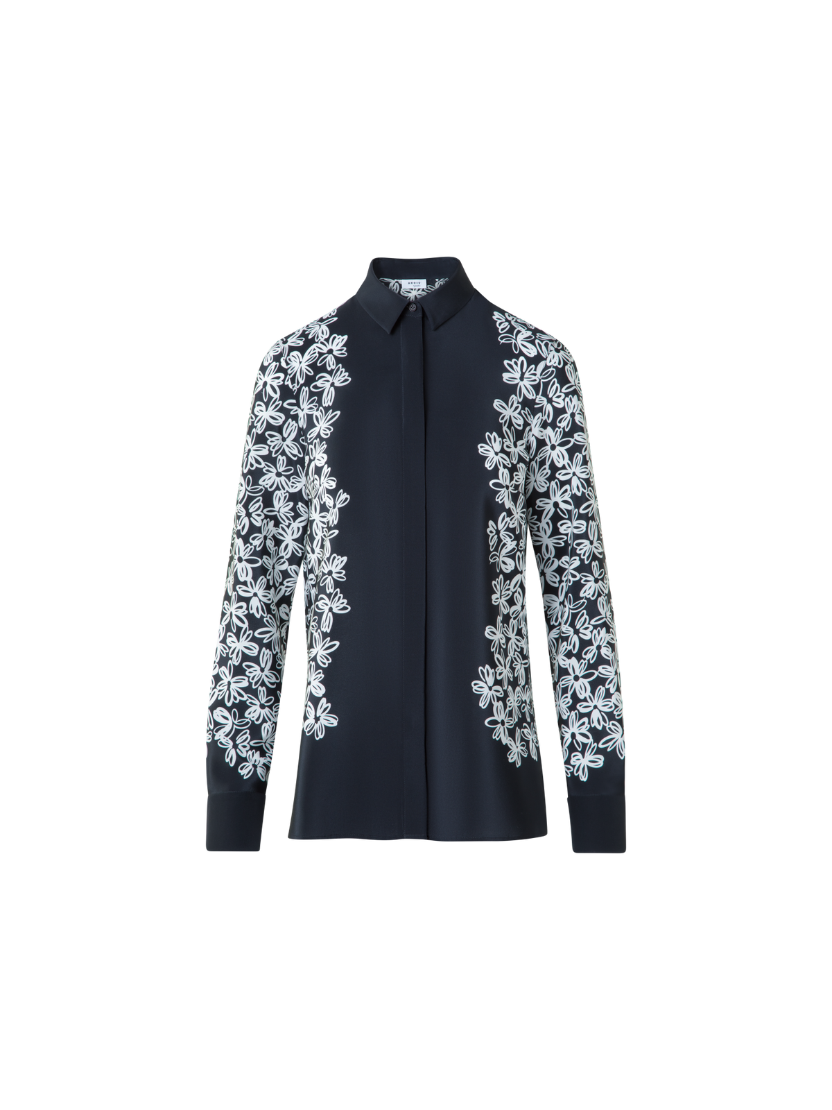 Designer Seidenbluse mit Daisy Druck - Schwarz - Bunt