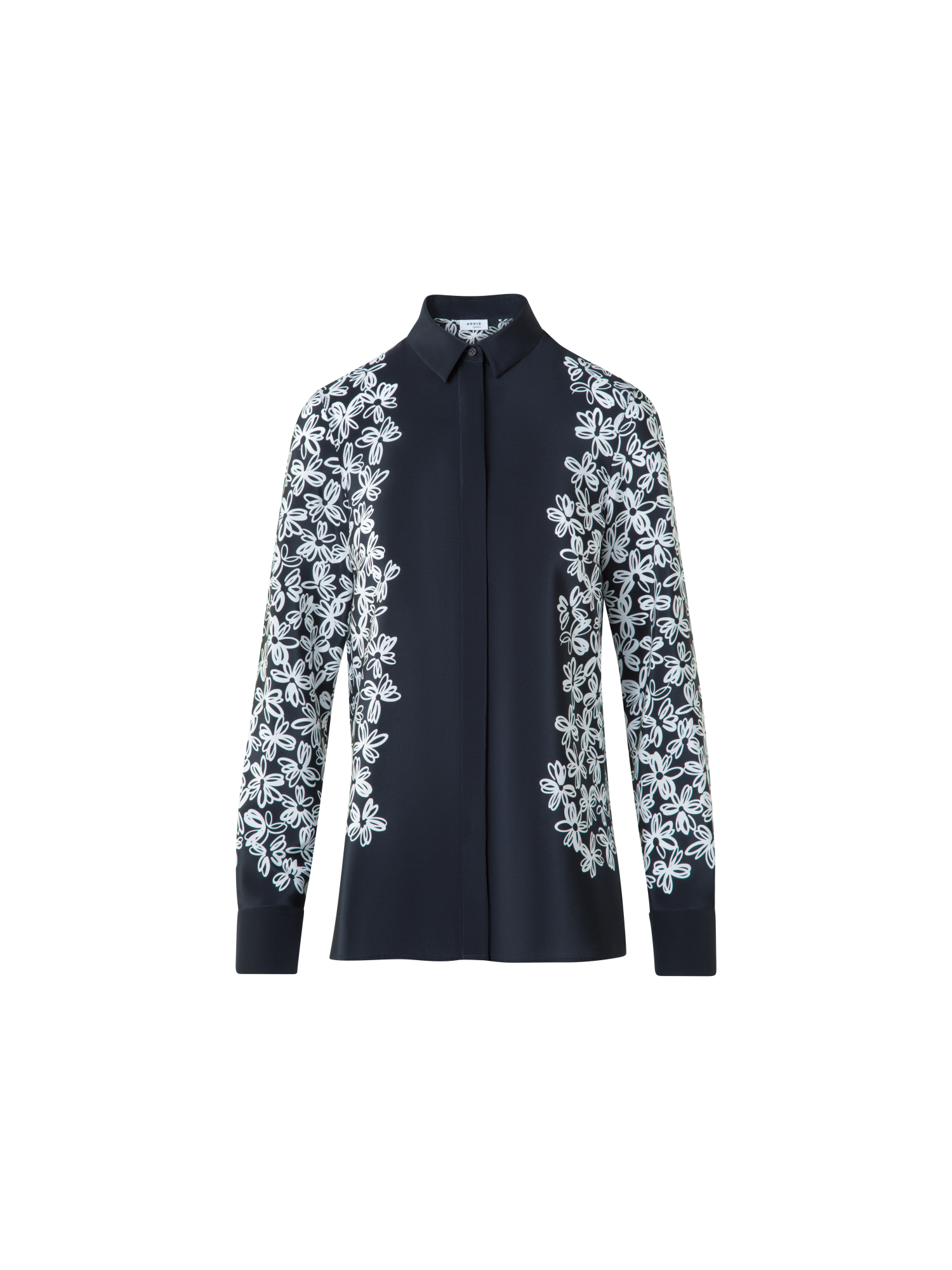 Designer Seidenbluse mit Daisy Druck - Schwarz - Bunt