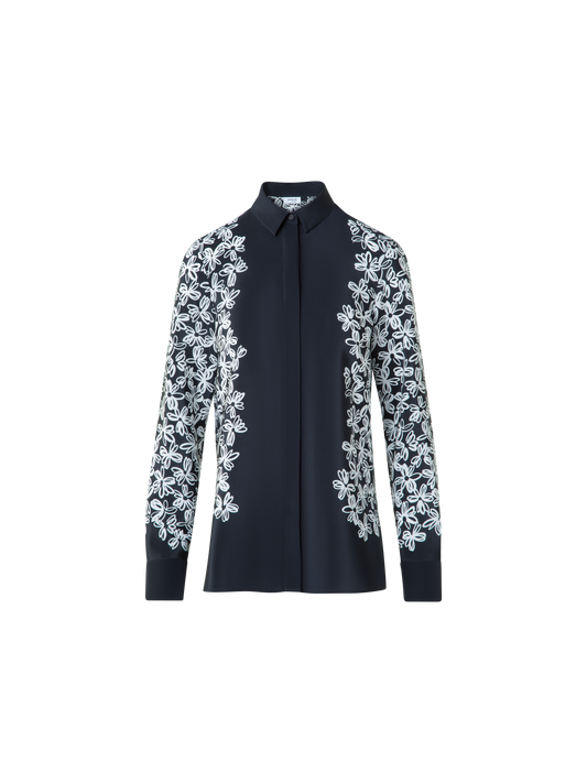 Designer Seidenbluse mit Daisy Druck - Schwarz - Bunt