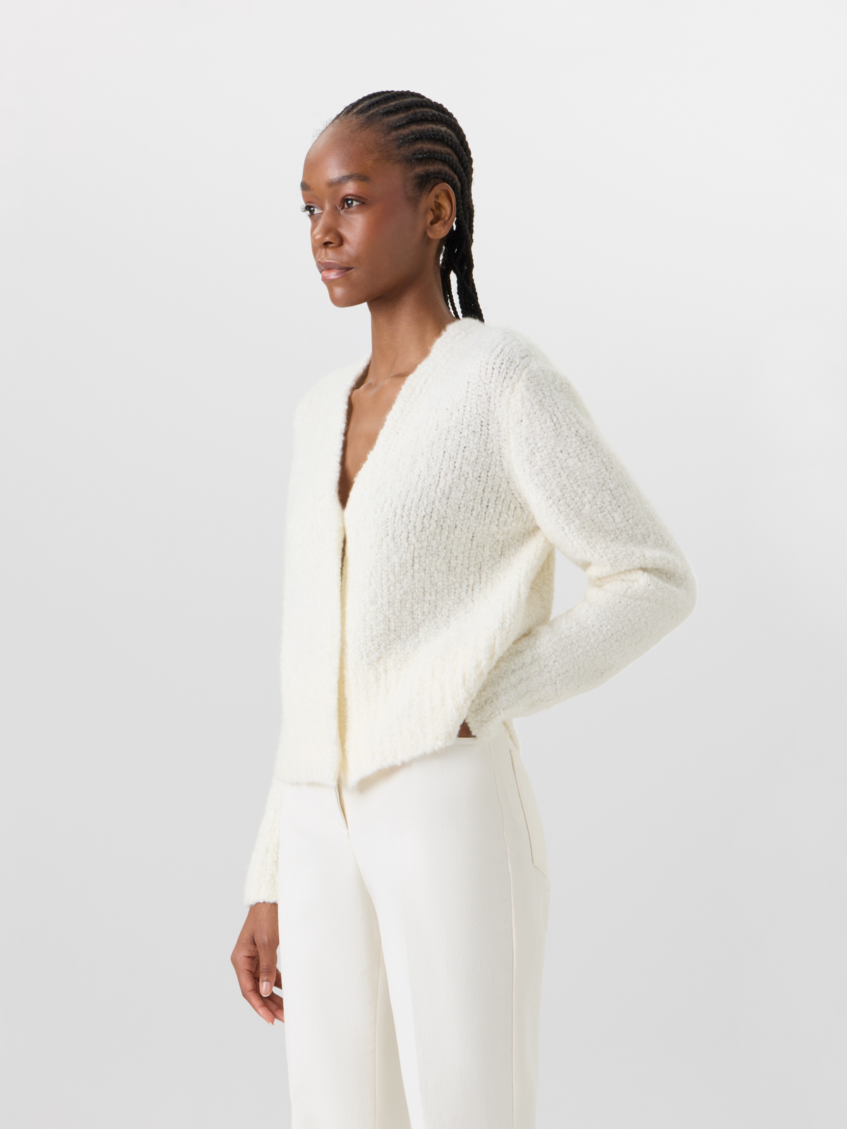 Designer Kurze Strickjacke aus Kaschmir-Seide-Bouclé - Ecru #editorial