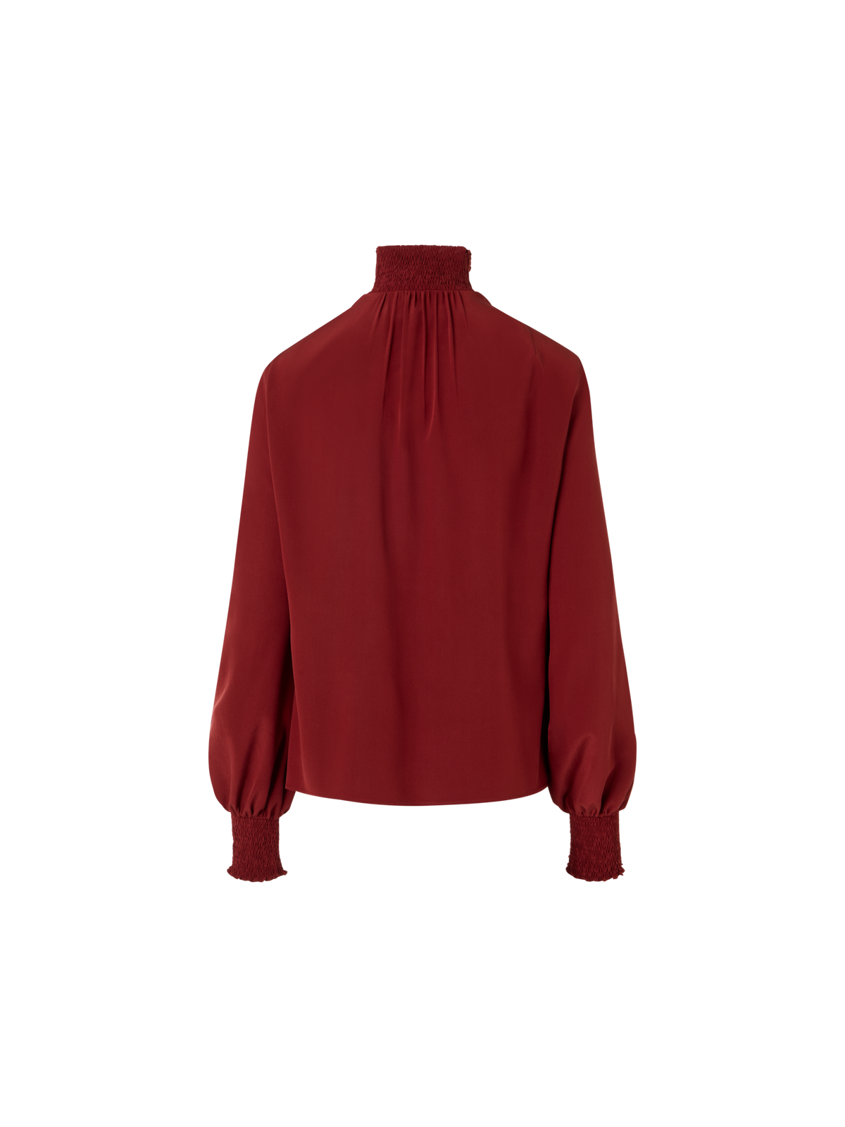 Designer Boho-Bluse aus Seiden-Crêpe mit Smok-Details - Weinrot - Rot