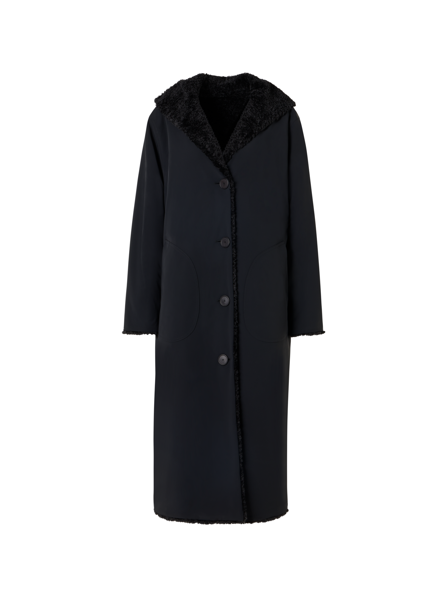 Designer Wendbarer Oversize-Webpelzmantel mit Kapuze - Schwarz