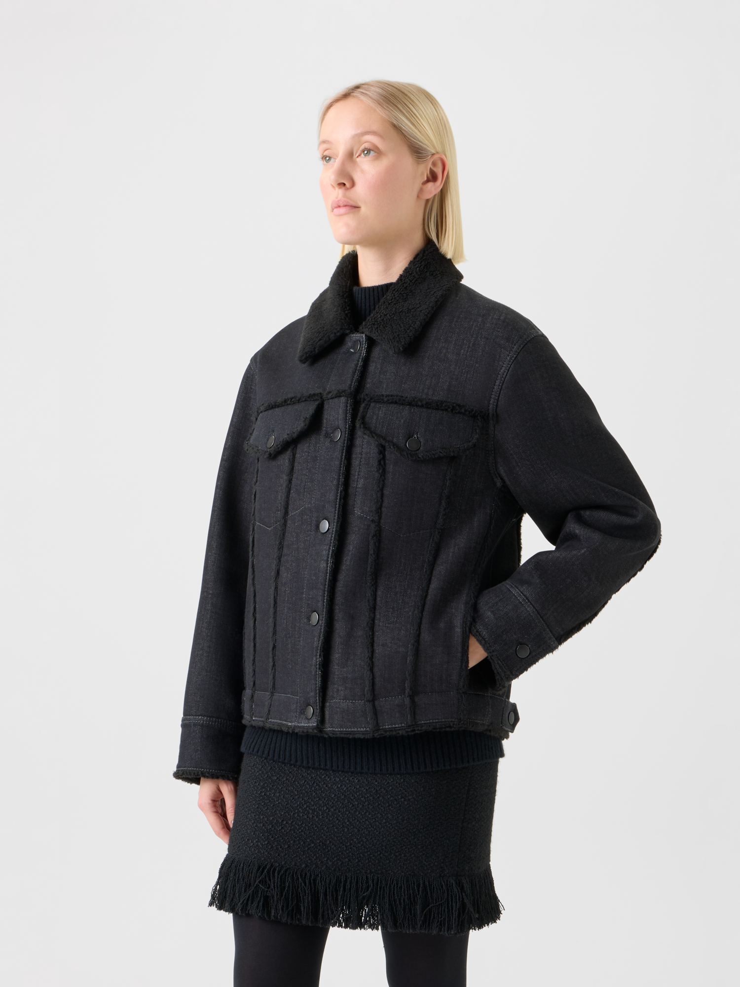 Designer Gewalkte Woll-Jacke  mit Lederimitat Kragen - Schwarz 