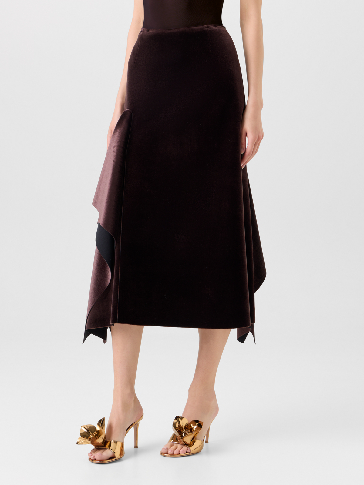 Designer Asymmetrischer Midirock aus Samt-Neopren - Weinrot 