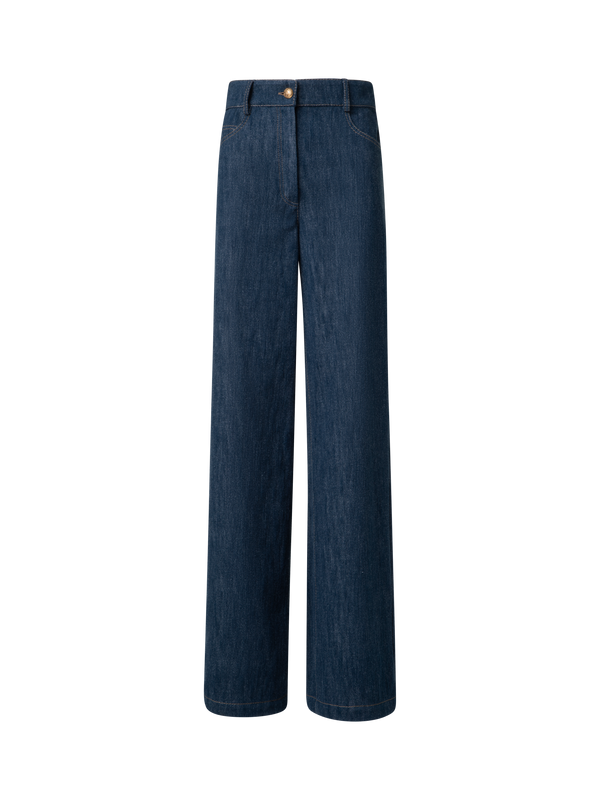 Designer Weite Hose aus Baumwoll-Woll-Denim-Stretch - Dunkelblau - Blau