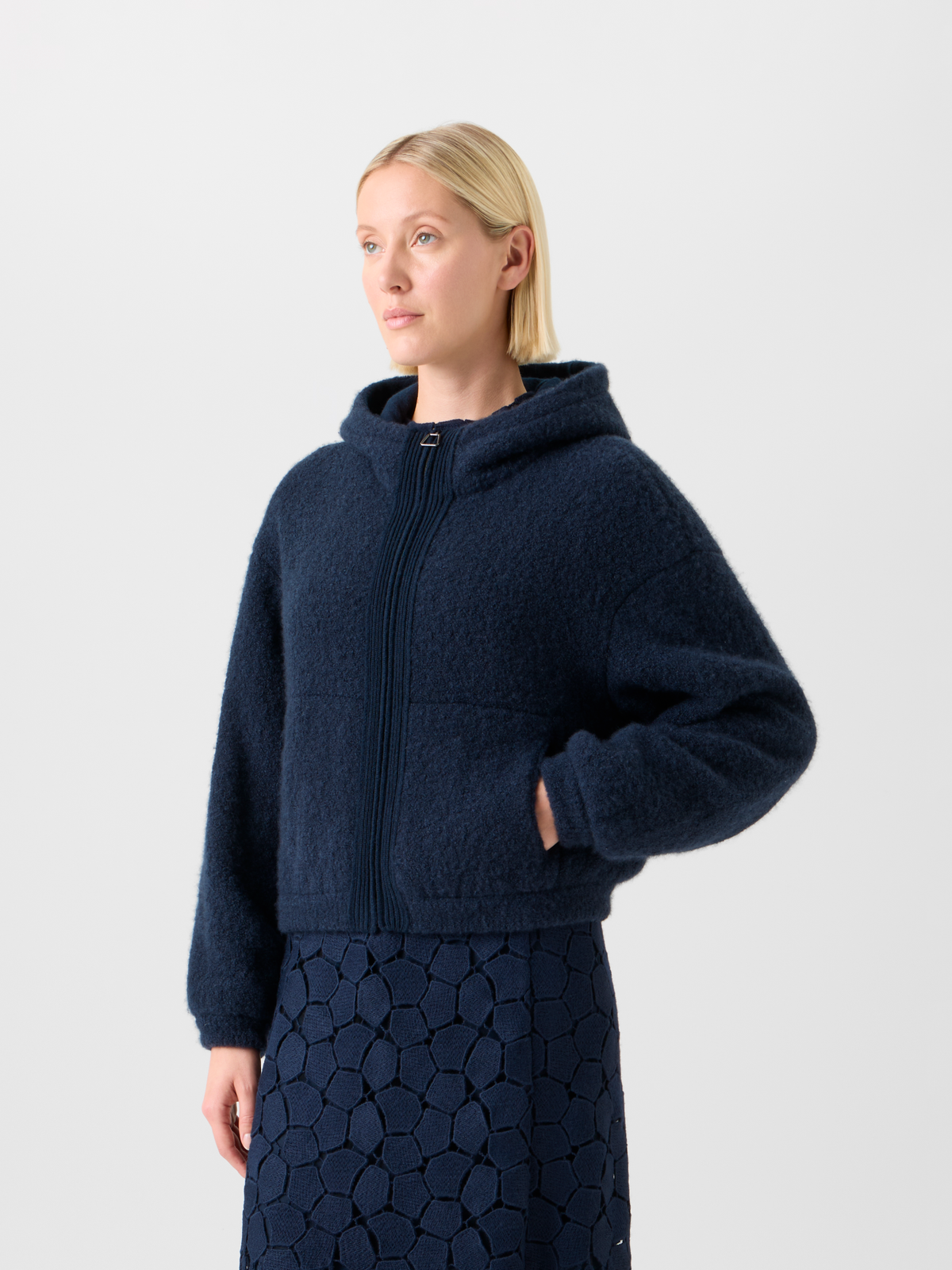 Designer Flauschiger Kaschmir Kapuzen Cardigan - Dunkelblau - Blau #editorial