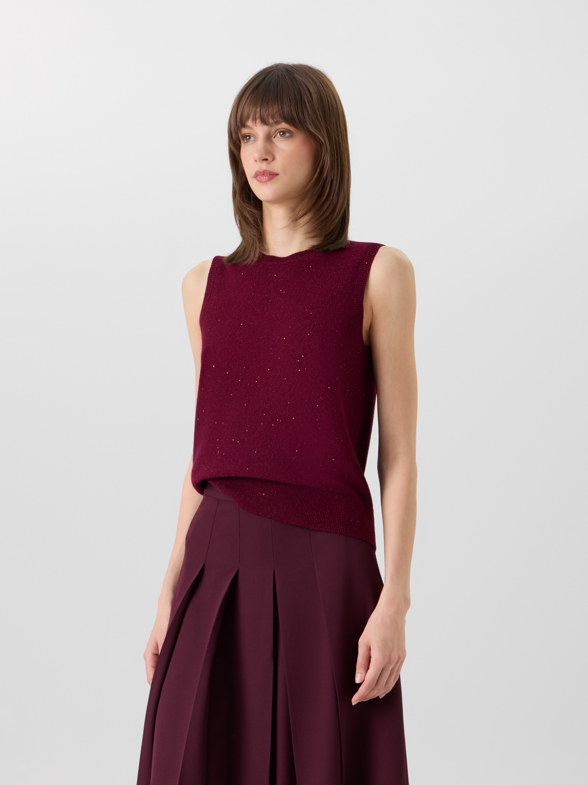 Designer Ärmelloses Top aus Kaschmir-Lamé mit Pailletten - Weinrot - Rot 