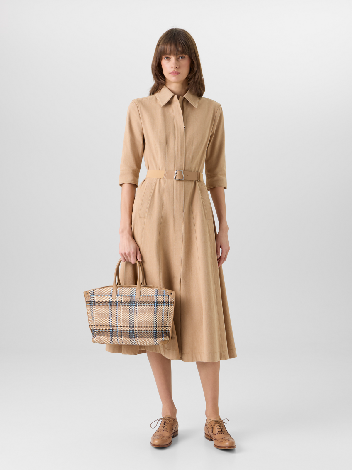 Designer A-Linien-Midikleid aus Baumwoll-Denim-Stretch - Beige #editorial