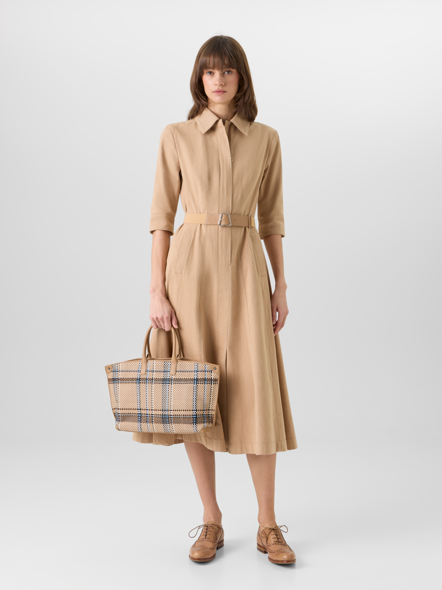 Designer A-Linien-Midikleid aus Baumwoll-Denim-Stretch - Beige 
