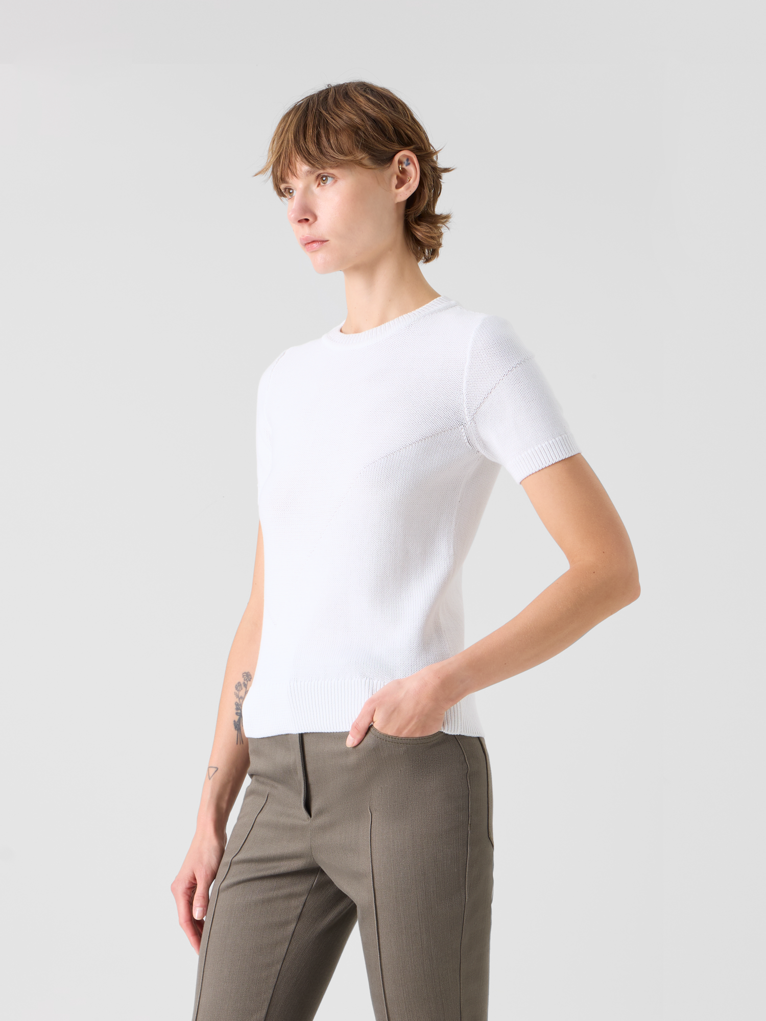Designer Baumwollpullover mit Polygon-Intarsie - Ecru 
