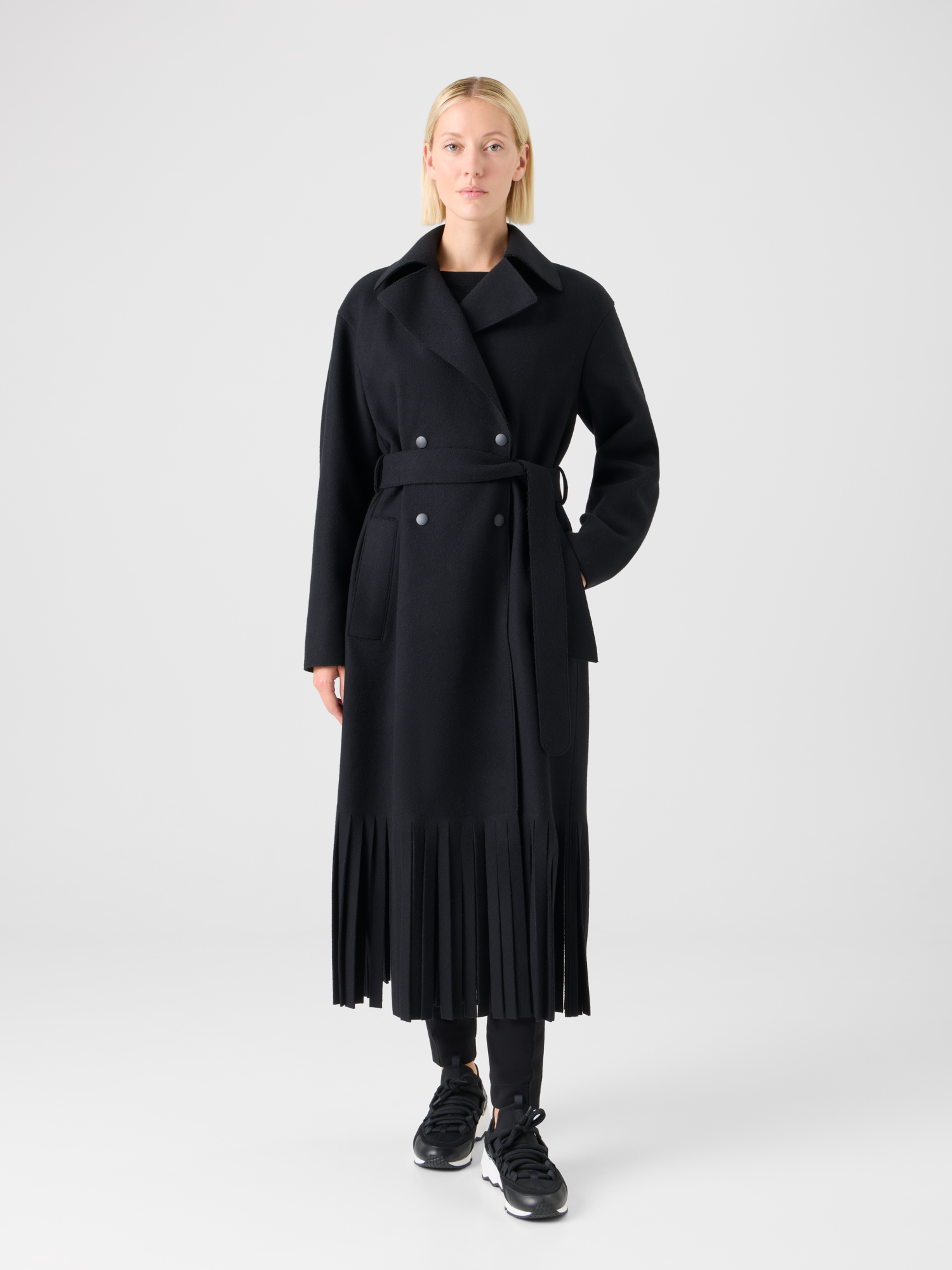 Designer Trenchcoat aus gefilzter Wolle mit Fransen - Schwarz 
