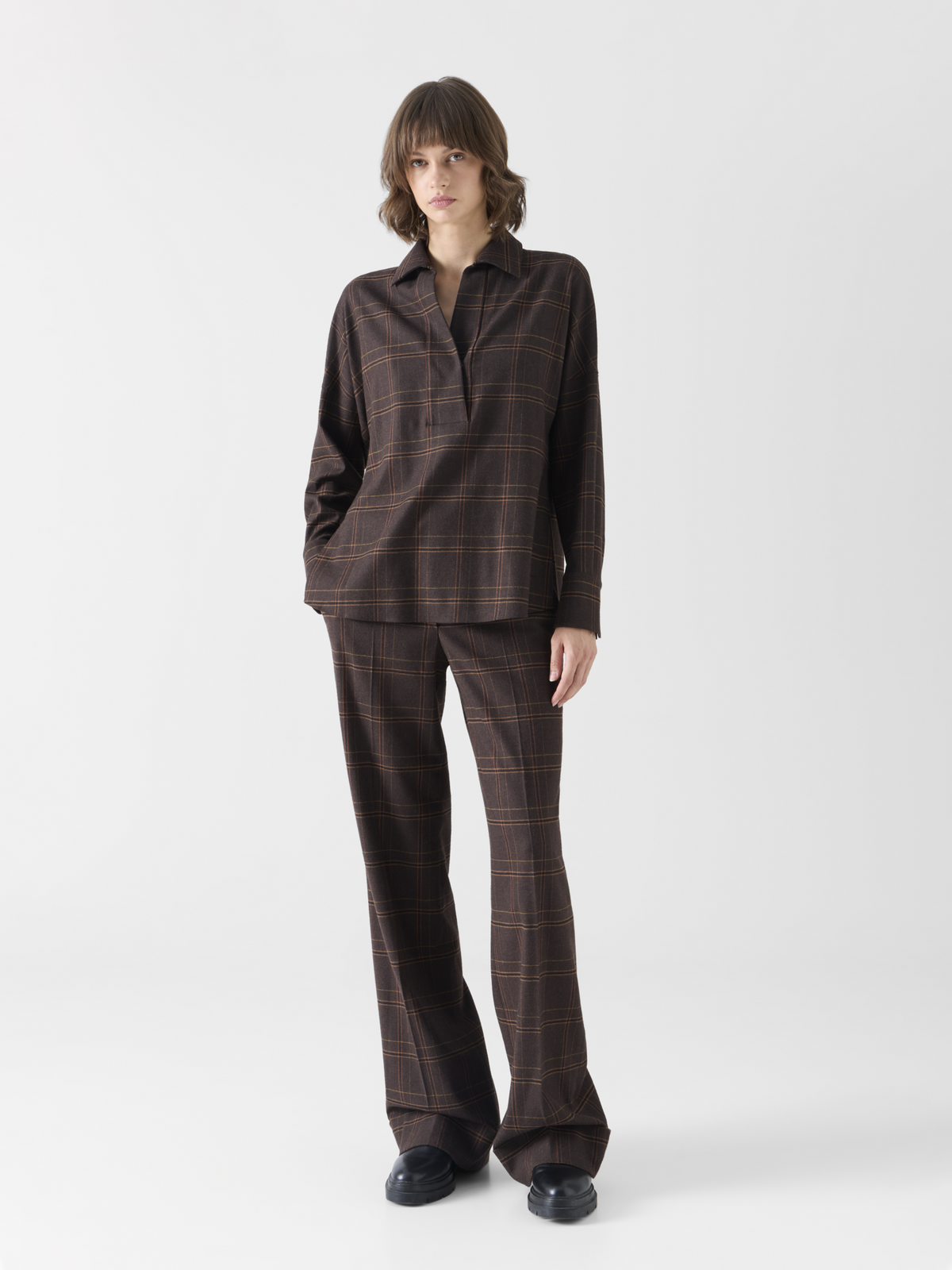 Designer Kastige Karobluse aus Flanell - Braun 