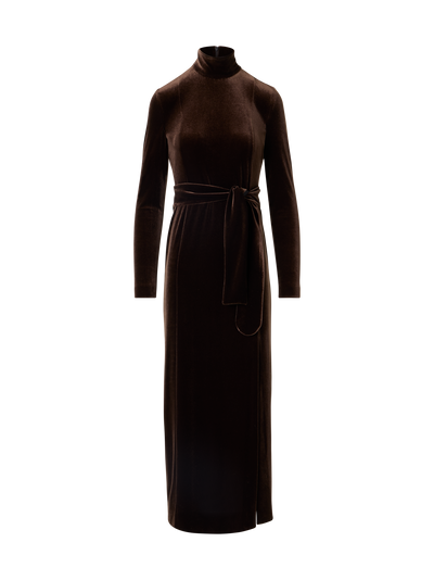 Designer Tailliertes Maxikleid aus Techno-Stretch-Samt - Braun