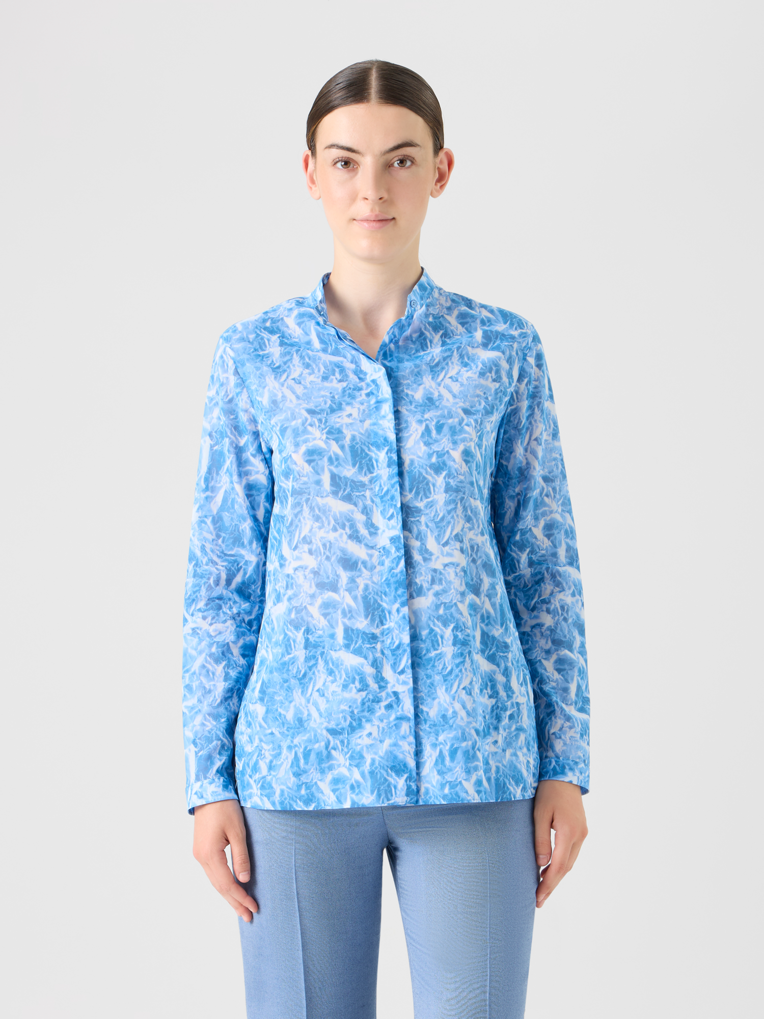 Designer Tunika-Bluse aus Baumwoll-Voile mit Whitecaps-Print - Blau 